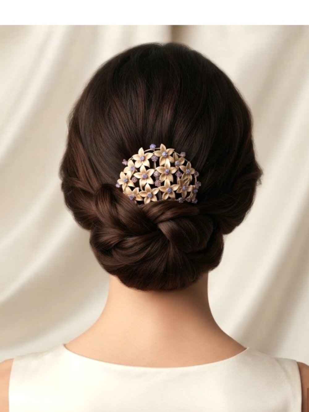 Stunning Hairpiece Peachy Cream Enamel Floral Blue White Aurora Crystals Silver